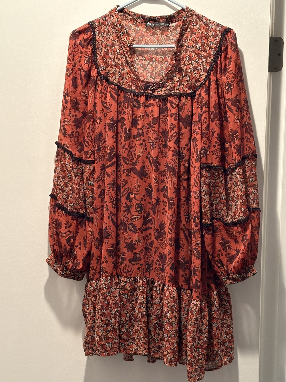 Zara Burnt Orange Floral Long-Sleeve Tiered Dress